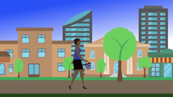 Mujeres Caminando Ciclo Bucle Alrededor Fondo Ciudad Animación Plana Diseño — Vídeo de stock