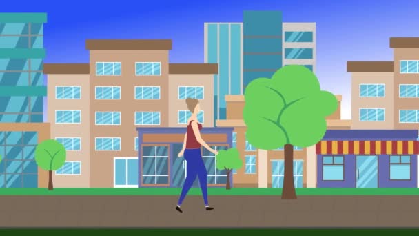 Vrouwen Lopen Fiets Lus Rond Van Stad Achtergrond Platte Cartoon — Stockvideo