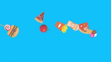 Fast food elemanları animasyonu mavi ekran kroma anahtarı, düz tasarım, grafik kaynağı