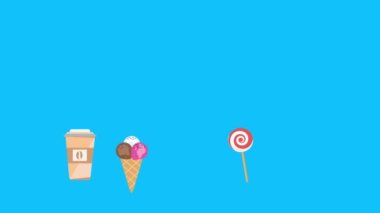 Fast food elemanları animasyonu mavi ekran kroma anahtarı, düz tasarım, grafik kaynağı