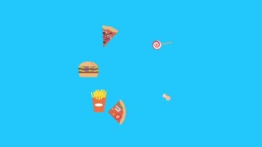 Fast food elemanları animasyonu mavi ekran kroma anahtarı, düz tasarım, grafik kaynağı