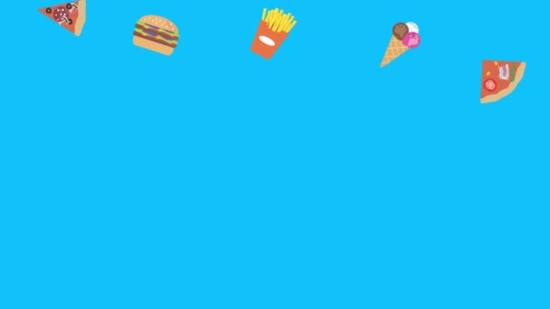 Animation Von Fast Food Elementen Auf Blauem Bildschirm Chroma Taste — Stockvideo
