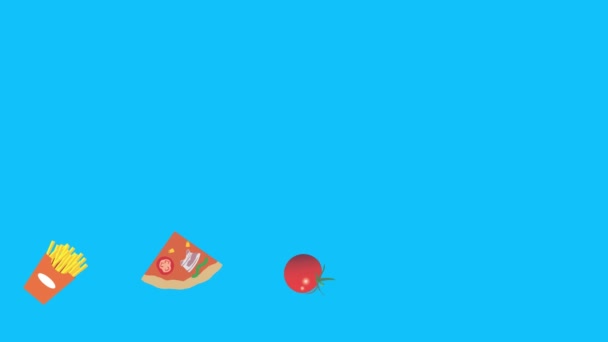 Fast Food Elementen Animatie Blauw Scherm Chroma Sleutel Plat Ontwerp — Stockvideo