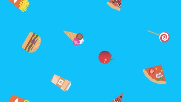 Fast Food Elementen Animatie Blauw Scherm Chroma Sleutel Plat Ontwerp — Stockvideo