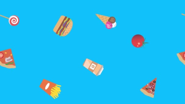 Fast Food Elemanları Animasyonu Mavi Ekran Kroma Anahtarı Düz Tasarım — Stok video