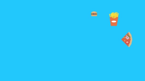 Fast Food Elementen Animatie Blauw Scherm Chroma Sleutel Plat Ontwerp — Stockvideo