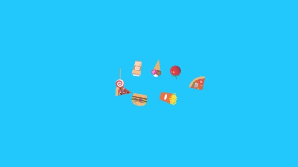 Animación Elementos Comida Rápida Clave Croma Pantalla Azul Diseño Plano — Vídeos de Stock