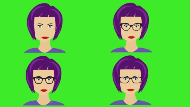 Cartoon Women Face Avatar Animation Moving Blinking Eyes Green Screen — Stock Video