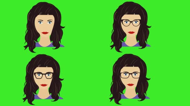 Cartoon Women Face Avatar Animation Moving Blinking Eyes Green Screen — Stock Video