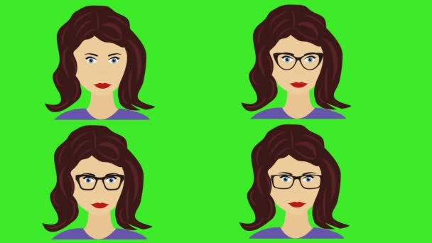 Cartoon Women Face Avatar Animation Moving Blinking Eyes Green Screen — Stock Video