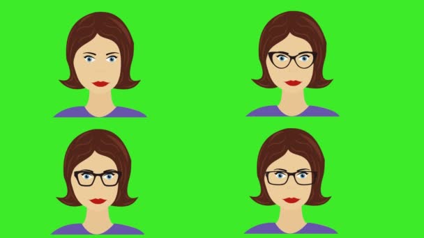 Мультфильм Женщин Лицо Аватара Анимация Движущиеся Мигающие Глаза Зеленом Экране — стоковое видео