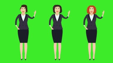 Üç iş kadını seti, merhaba el hareketleriyle hoş geldin, çizgi film animasyonu, yeşil ekran kroma anahtarı.