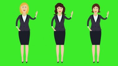 Üç iş kadını seti, merhaba el hareketleriyle hoş geldin, çizgi film animasyonu, yeşil ekran kroma anahtarı.