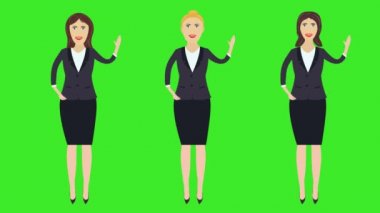 Üç iş kadını seti, merhaba el hareketleriyle hoş geldin, çizgi film animasyonu, yeşil ekran kroma anahtarı.