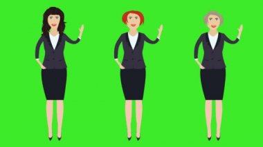 Üç iş kadını seti, merhaba el hareketleriyle hoş geldin, çizgi film animasyonu, yeşil ekran kroma anahtarı.