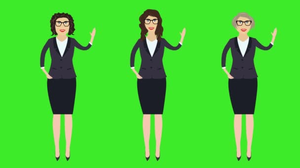 3つのビジネス女性のセット こんにちは手でジェスチャーを歓迎 漫画アニメーション 緑の画面クロマキー — ストック動画