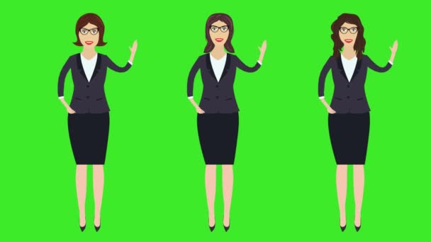 Set Business Women Hello Welcoming Gesturing Hand Rajzfilm Animáció Zöld — Stock videók
