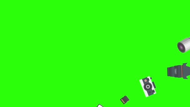 Анимация Оборудования Фотоаппаратуры Зеленом Экране Хрома Ключ Графические Элементы Источника — стоковое видео