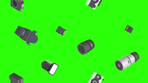 Animación Equipos Gadgets Fotografía Clave Croma Pantalla Verde Elementos Fuente — Vídeo de stock