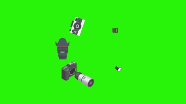 Animação Equipamentos Dispositivos Fotografia Chave Croma Tela Verde Elementos Fonte — Vídeo de Stock