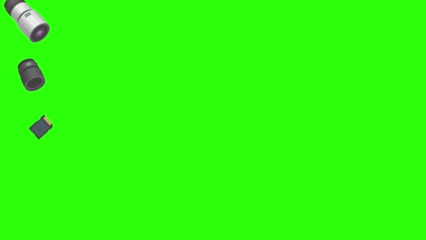 Animação Equipamentos Dispositivos Fotografia Chave Croma Tela Verde Elementos Fonte — Vídeo de Stock
