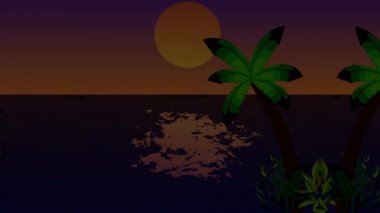 Ay ve palmiye arkaplanlı yaz okyanusunun gece sahnesi, çizgi film animasyonu