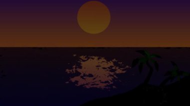Ay ve palmiye arkaplanlı yaz okyanusunun gece sahnesi, çizgi film animasyonu