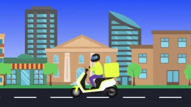 Şehirde çalışan motosiklet teslimatı, düz tasarım animasyon.