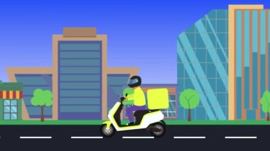 Şehirde çalışan motosiklet teslimatı, düz tasarım animasyon.