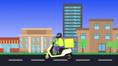 Şehirde çalışan motosiklet teslimatı, düz tasarım animasyon.