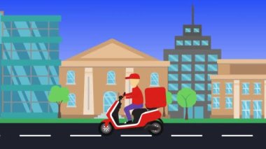 Şehirde çalışan motosiklet teslimatı, düz tasarım animasyon.