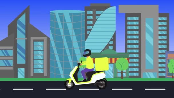 Entrega Moto Corriendo Ciudad Animación Diseño Plano — Vídeo de stock