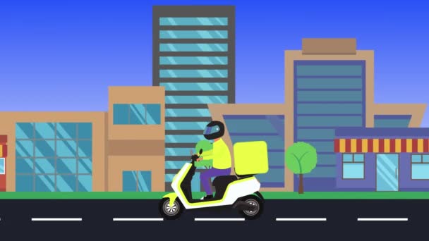 市内を走る配達バイク フラットデザインアニメーション — ストック動画