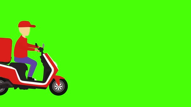 Płaska Animacja Dostarczania Żywności Motocykl Zielony Ekran Chroma Klucz — Wideo stockowe