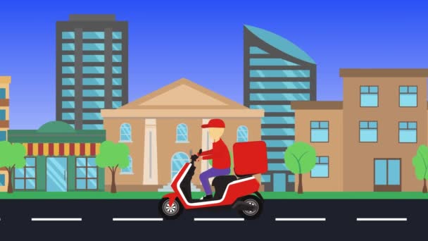 Delivery Motorbike Running City Flat Design Animation — Stock Video