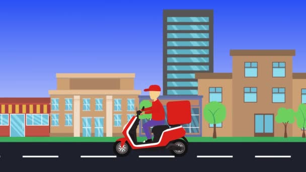 Leverans Motorcykel Kör Staden Platt Design Animation — Stockvideo