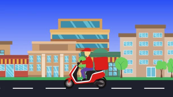 Entrega Moto Corriendo Ciudad Animación Diseño Plano — Vídeos de Stock