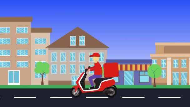 Leverans Motorcykel Kör Staden Platt Design Animation — Stockvideo