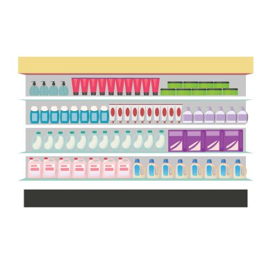 Supermarket shelf with food products inside, flat cartoon design
