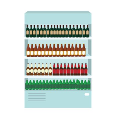Supermarket shelf with food products inside, flat cartoon design