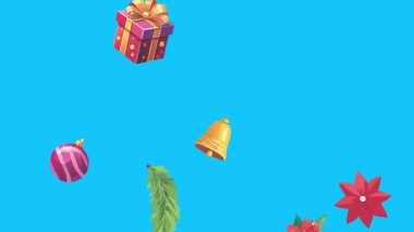 Mavi ekranda canlandırılmış Noel nesneleri, kroma anahtarı. Kış tatili unsurları ile geçiş etkileri