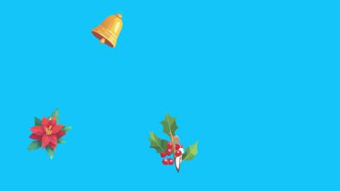 Mavi ekranda canlandırılmış Noel nesneleri, kroma anahtarı. Kış tatili unsurları ile geçiş etkileri