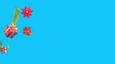 Mavi ekranda canlandırılmış Noel nesneleri, kroma anahtarı. Kış tatili unsurları ile geçiş etkileri