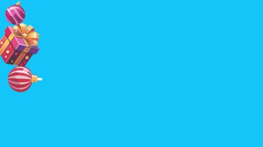 Mavi ekranda canlandırılmış Noel nesneleri, kroma anahtarı. Kış tatili unsurları ile geçiş etkileri