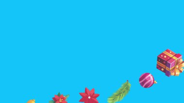 Mavi ekranda canlandırılmış Noel nesneleri, kroma anahtarı. Kış tatili unsurları ile geçiş etkileri