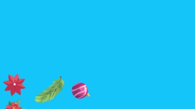 Mavi ekranda canlandırılmış Noel nesneleri, kroma anahtarı. Kış tatili unsurları ile geçiş etkileri