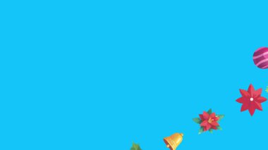 Mavi ekranda canlandırılmış Noel nesneleri, kroma anahtarı. Kış tatili unsurları ile geçiş etkileri