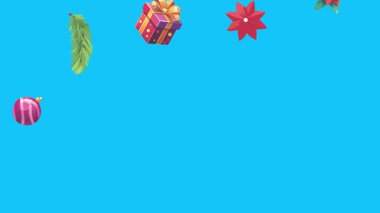 Mavi ekranda canlandırılmış Noel nesneleri, kroma anahtarı. Kış tatili unsurları ile geçiş etkileri