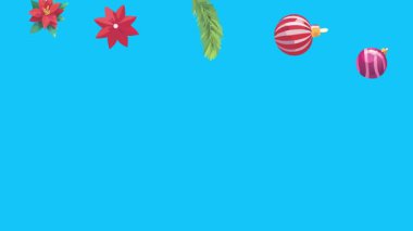 Mavi ekranda canlandırılmış Noel nesneleri, kroma anahtarı. Kış tatili unsurları ile geçiş etkileri