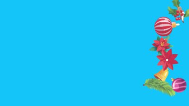 Mavi ekranda canlandırılmış Noel nesneleri, kroma anahtarı. Kış tatili unsurları ile geçiş etkileri
